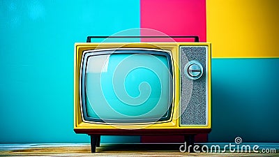 Old colored television and colored wall Stock Photo