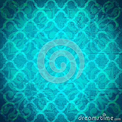 Old colorful blue turquoise color colored vintage shabby patchwork damask ornate arabesque motif tiles stone concrete cement wall Stock Photo