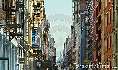 Old colorful classic buildings, facade, architecture, balcony and windows in Soho, Downtown Manhattan Editorial Stock Photo