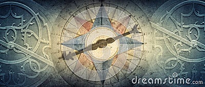 Old compass and Astrolabe - ancient astronomical device on vintage background. Abstract old conceptual background on history, Stock Photo