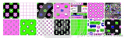 Old computer aestethic 1980s -1990s. Set of seamless patterns with retro pc elements and user interface. Pixel art. Vector Illustration