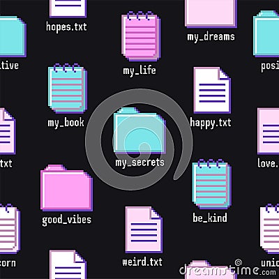Old computer aestethic 1980s -1990s. Seamless pattern with retro pc elements and user interface. Vector Illustration