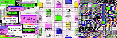 Old computer aestethic 1980s -1990s. Set of seamless patterns with retro pc elements and user interface. Pixel art. Vector Illustration