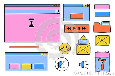 Old computer aesthetics. Retro pc elements, user interface, operating system, windows, icons in 2k trendy retro style. Vector Illustration