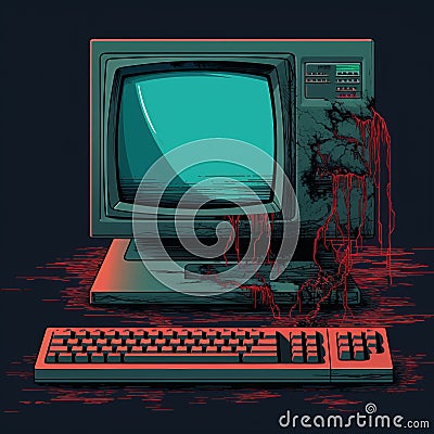 an old computer with blood splattered on it Stock Photo