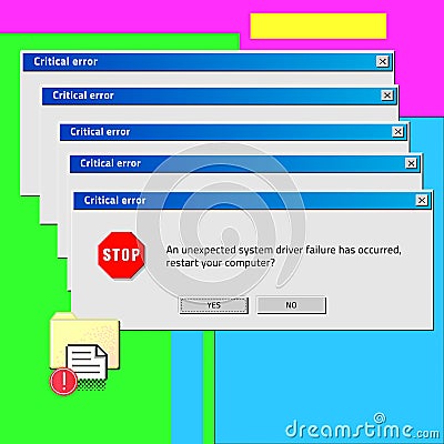 Old computer. Critical error notification. OS message. PC restart. Dialog window UI frame. Buttons choice. Desktop Vector Illustration