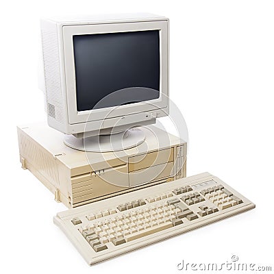 Old computer, keyboard CPU and monitor Stock Photo