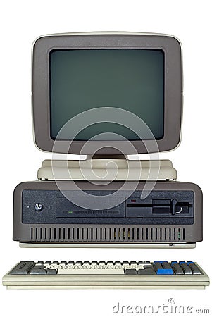 old computer late 80`s with a horizontal system unit, and a CRT monitor isolated Stock Photo