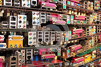 Old computer motherboards. Piles of obsolete hardware and electronic components Stock Photo