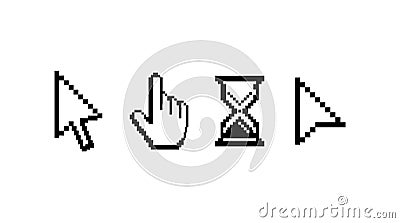 Old computer mouse pointers. Pixelated cursors. Arrow symbols and hand with raised forefinger sign for making selection Vector Illustration