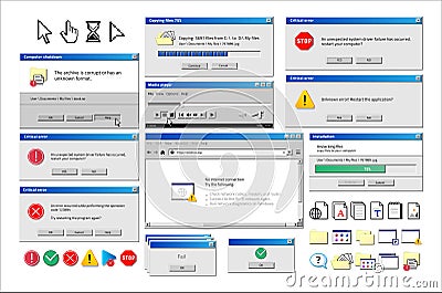 Old computer window. Popup warning, error and installation windows, media player and file manager classic retro design Vector Illustration