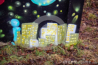 Old concrete wall in the forest with graffiti background Editorial Stock Photo