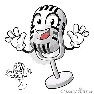 Old Condenser Microphone Waving His Hands with Line Art Drawing Vector Illustration