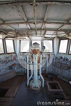 Old control room inside Decommission warship. Stock Photo