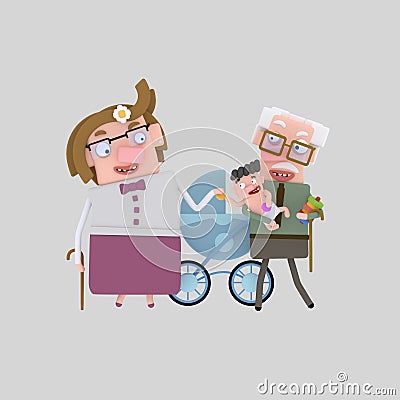 Old couple with a baby 3D Cartoon Illustration