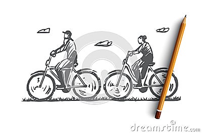 Old, couple, bicycle, happy, sport concept. Hand drawn isolated vector. Vector Illustration