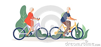 Old couple on bikes. Elderly activity, grandmother grandfather in park or forest. Woman man relaxed, cycling on nature Vector Illustration
