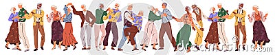 Old couple dance. Vector illustration. Grandpa does dance support, grandma. Elderly couple dancing at party Vector Illustration