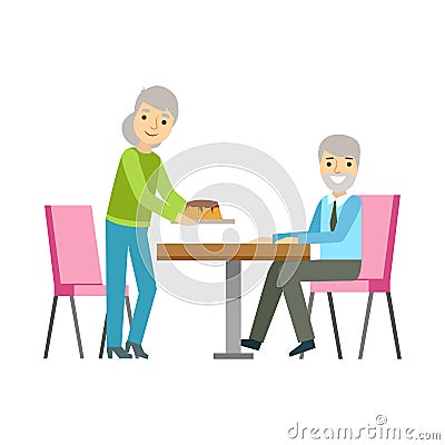 Old Couple Eating Cake At The Table, Smiling Person Having A Dessert In Sweet Pastry Cafe Vector Illustration Vector Illustration