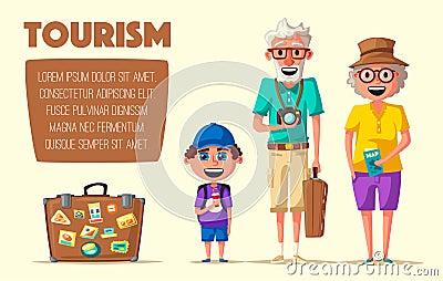 Old couple and grandchild in travel. Journey of grandparents. Cartoon vector illustration Vector Illustration