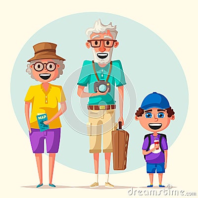 Old couple and grandchild in travel. Journey of grandparents. Cartoon vector illustration Vector Illustration