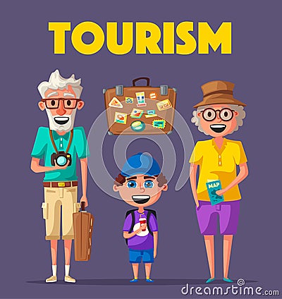 Old couple and grandchild in travel. Journey of grandparents. Cartoon vector illustration Vector Illustration