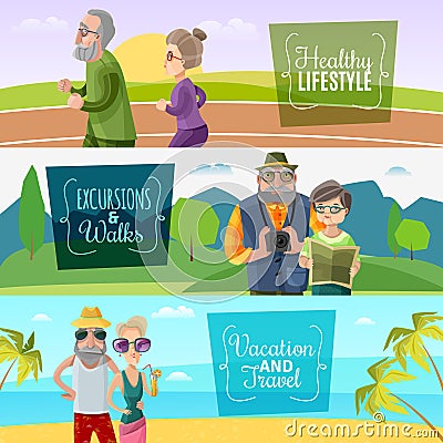 Old Couple Horizontal Banners Vector Illustration