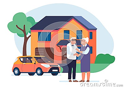 Old couple with house. Senior family in front of mansion. Home and car. Grandparents townhouse. Elderly people happiness Vector Illustration
