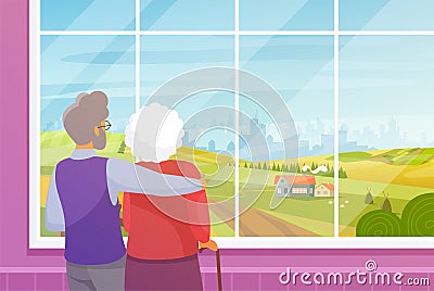 Old couple looking out window at summer rural landscape, standing with backs and hugging Vector Illustration