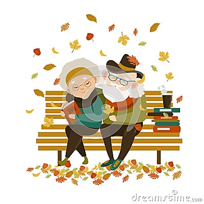 Old couple in love sitting on bench Vector Illustration