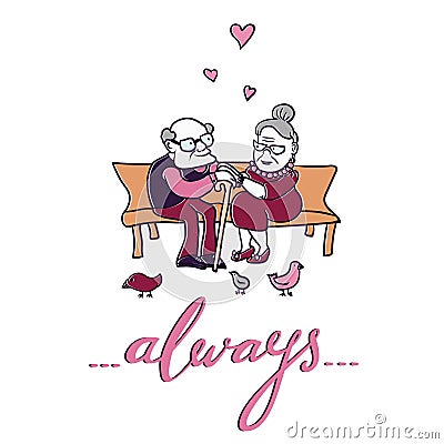 Old couple in love. Valentine`s Day Card. Vector Illustration