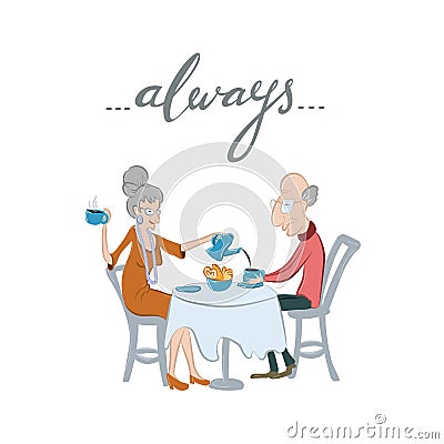 Old couple in love. Valentine`s Day Card. Vector Illustration