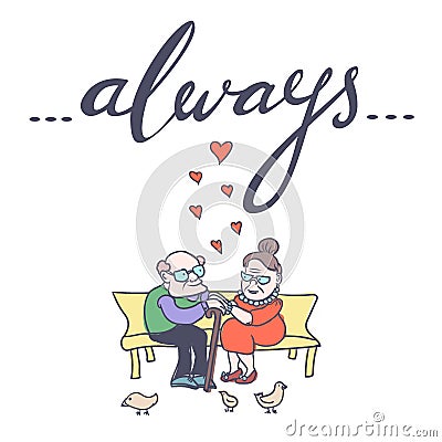 Old couple in love. Valentine`s Day Card. Vector Illustration