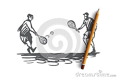Old, couple, play, tennis, senior concept. Hand drawn isolated vector. Vector Illustration