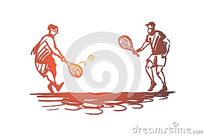 Old, couple, play, tennis, senior concept. Hand drawn isolated vector. Vector Illustration