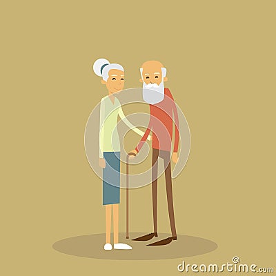 Old Couple Senior Man Woman Stand With Stick Vector Illustration