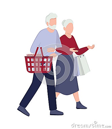 Old couple shopping. Grocery store. Customer with shopping cart. Vector Illustration