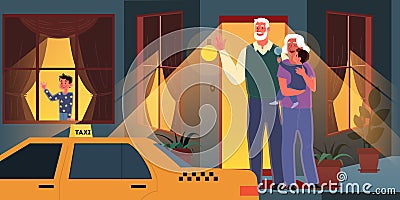 Old couple spend time with their grandchildren. Woman and man on retirement. Vector Illustration
