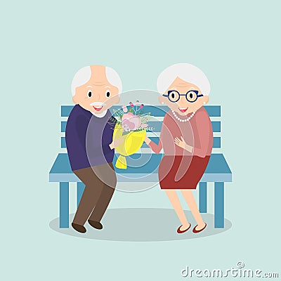 Old couple together. Seniors happy leisure. Grandpa and grandma sitting on the bench. Vector illustration Vector Illustration