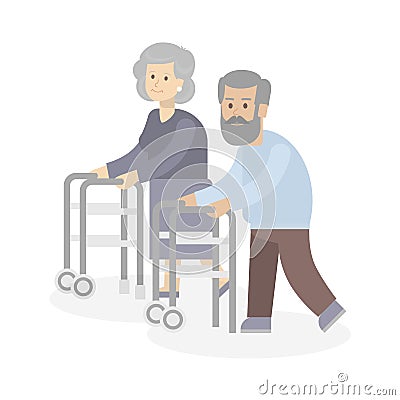 Old couple with walkers. Vector Illustration