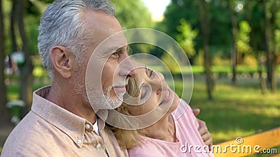 Old couple watching sunset in park, happy marriage romance, relaxing countryside Stock Photo