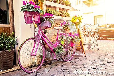 Old cozy street in Trastevere, Rome, Italy with a purple bicycle Stock Photo