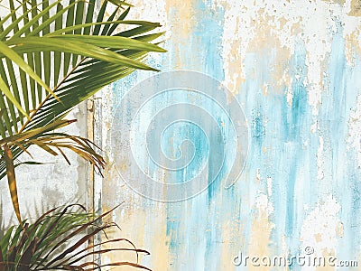 Old Cracked Antique Vintage Historic House Wall and Palm Tree Leaf Branch. Tropical Exotic Thai Summer Tourist Travel Stock Photo