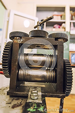 Old crafting equipment on a table background. Craftsmaking and jewelry production. Goldsmith profession Stock Photo