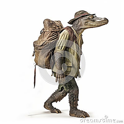 Old Crocodile Walking On Two Feet With Hobo Stick And Backpack Stock Photo