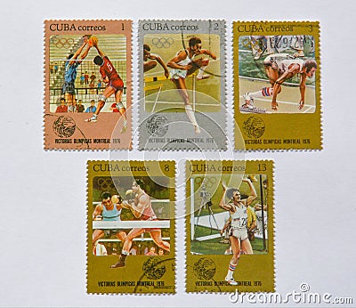 Old Cuba postage stamps, sports Editorial Stock Photo