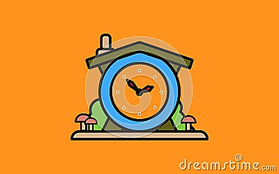 Old cuckoo clock. Vector cartoon illustration of wooden grandfather wall clock with gold pendulum and cabin for bird Vector Illustration