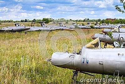Old czechoslovakian Aero L-29 Delfin Maya military jet trainer aircrafts Stock Photo
