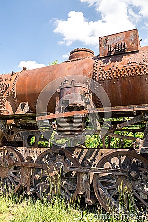 Old Czechoslovakian CSD steam engine on graveyard, rusty, boiler detail Stock Photo