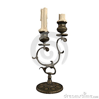 Old 3d antique bronze double candelstick with candels Stock Photo